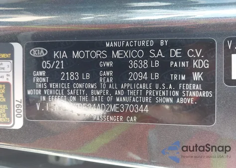 2021 Kia Forte Fe z USA, uszkodzony, nr VIN 3KPF24AD2ME370344